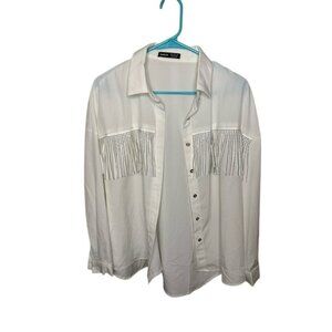 Shein White Fringe Embellished Long‎ Sleeve Button Down Shirt